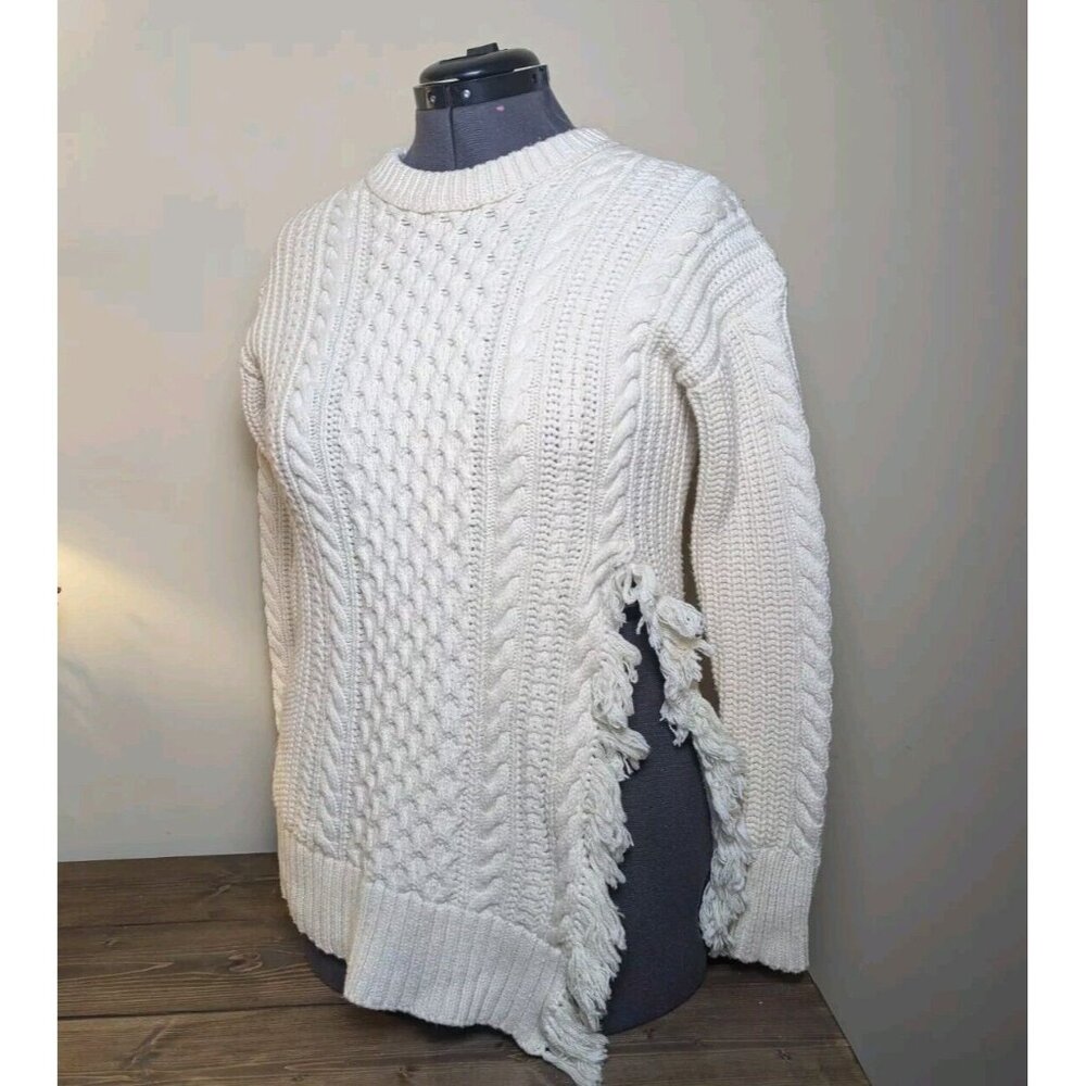 XXS J. CREW Cotton & Wool Sweater - Chunky Cable Knit w/ Slit and Fringe - Picture 2 of 12